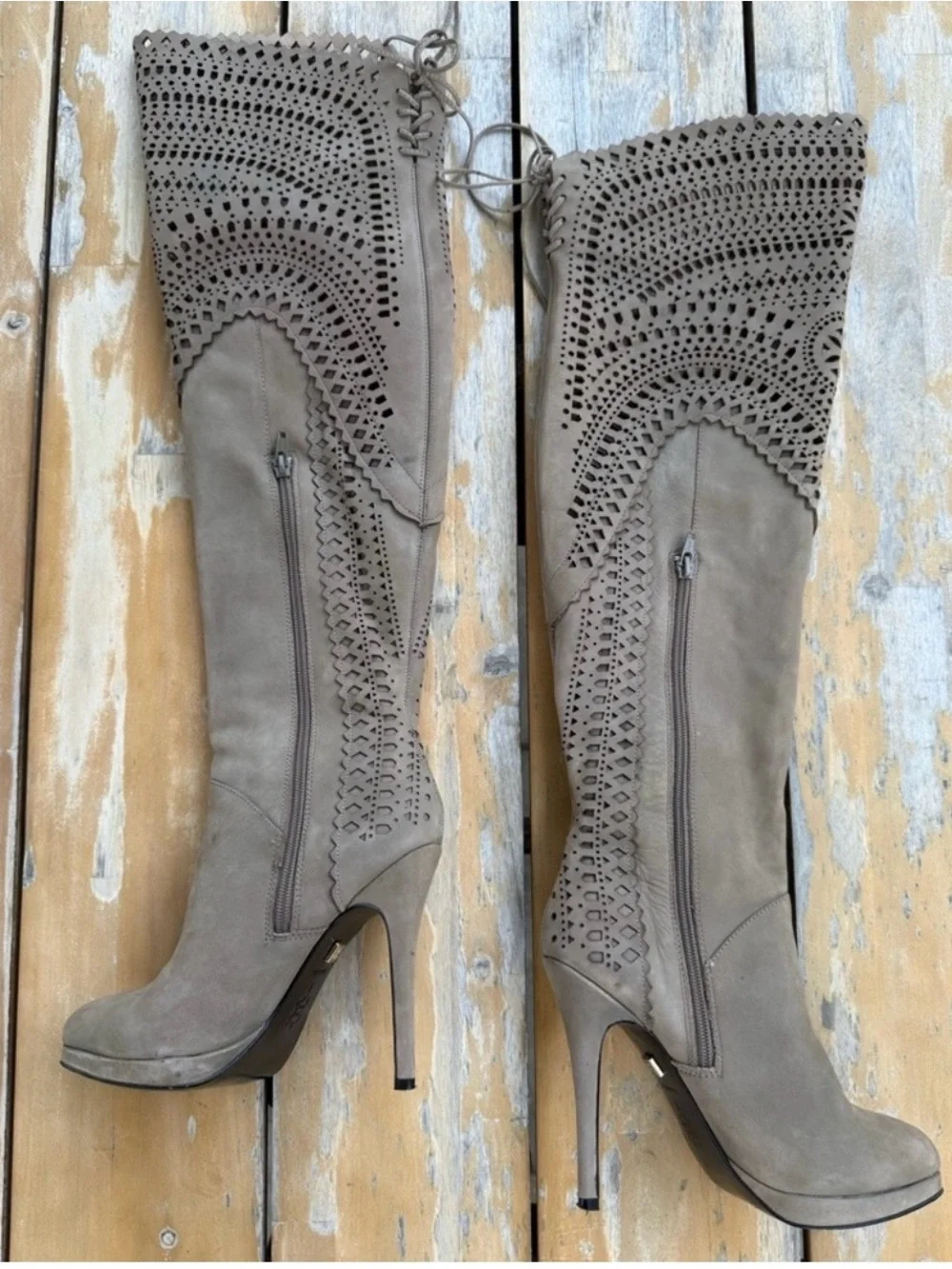 Pour La Victoire Taupe Suede Over-the-Knee Laser-Cut Boots size 7